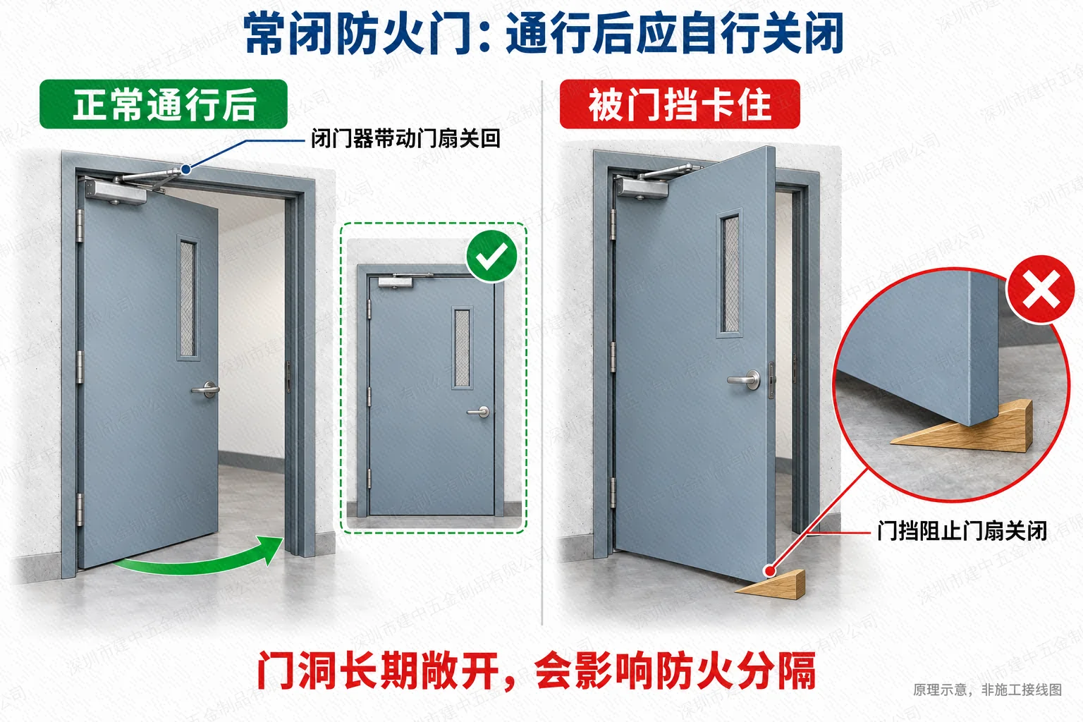 常闭防火门正常通行后关闭与门挡卡阻的对比原理图