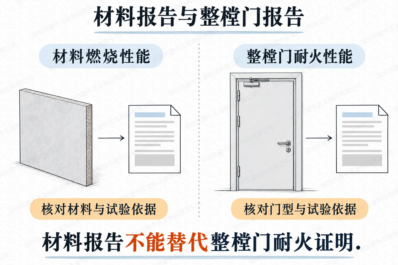 分别核对材料燃烧性能报告与整樘门耐火性能报告,材料报告不能替代整樘门耐火证明