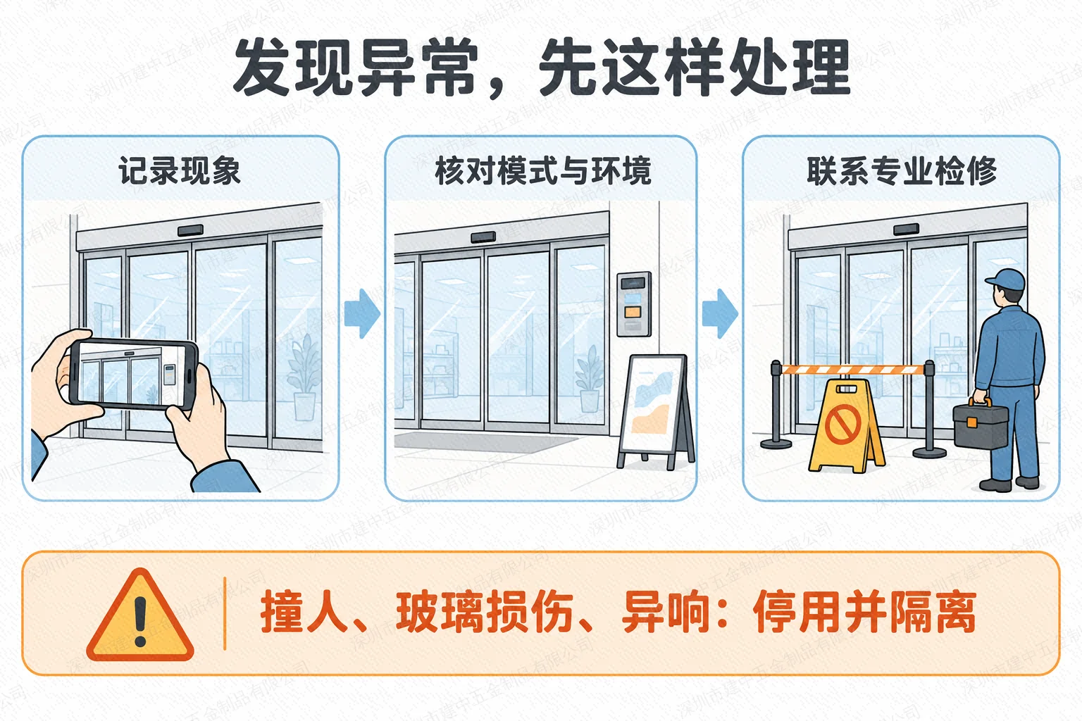 感应门异常处理流程:记录现象、核对模式与环境、联系专业检修,危险情形立即停用