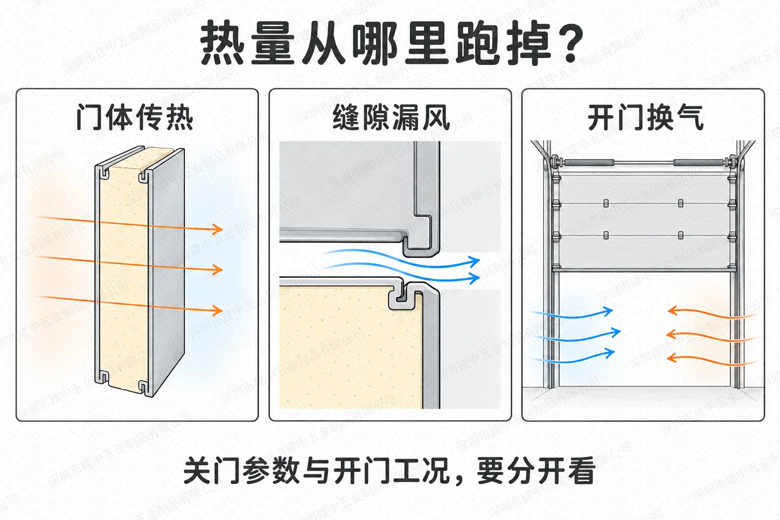 工业提升门能耗原理示意:门体传热、关闭时缝隙漏风与开门空气交换