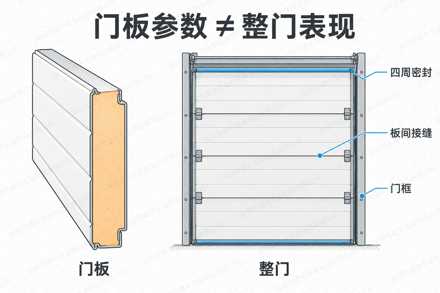 门板截面与完整工业提升门对比,标出四周密封、板间接缝和门框