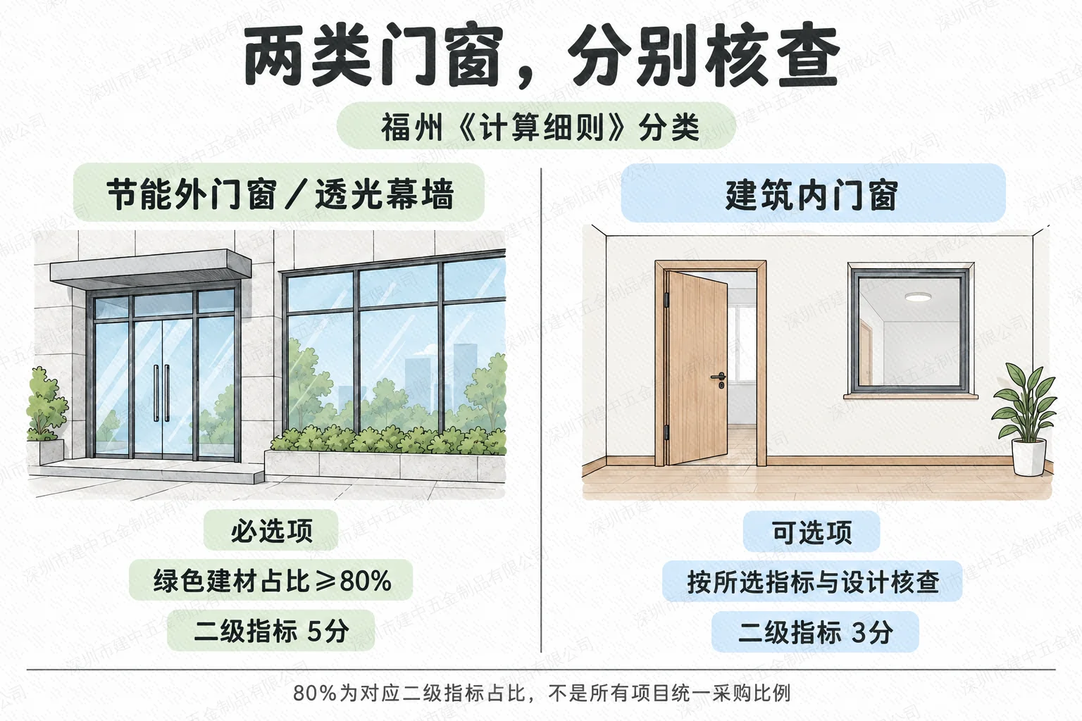 福州计算细则中节能外门窗透光幕墙必选不低于80%与建筑内门窗可选的分类对比