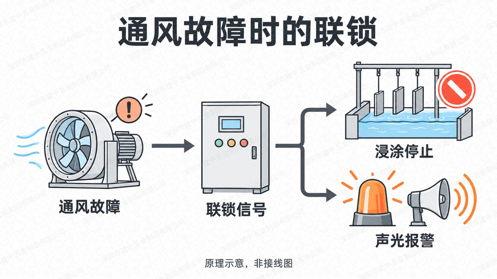 通风故障联锁原理:故障信号经控制系统使浸涂设备停止作业,并同时发出声光报警,非接线图