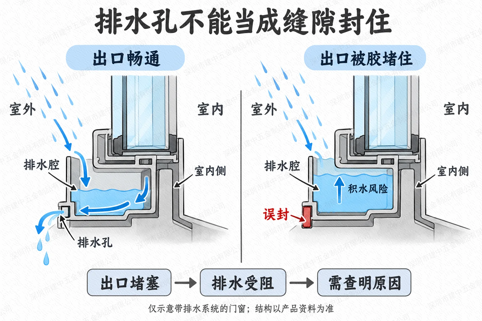 带排水系统门窗下框排水孔畅通与被密封胶误封的对照原理图