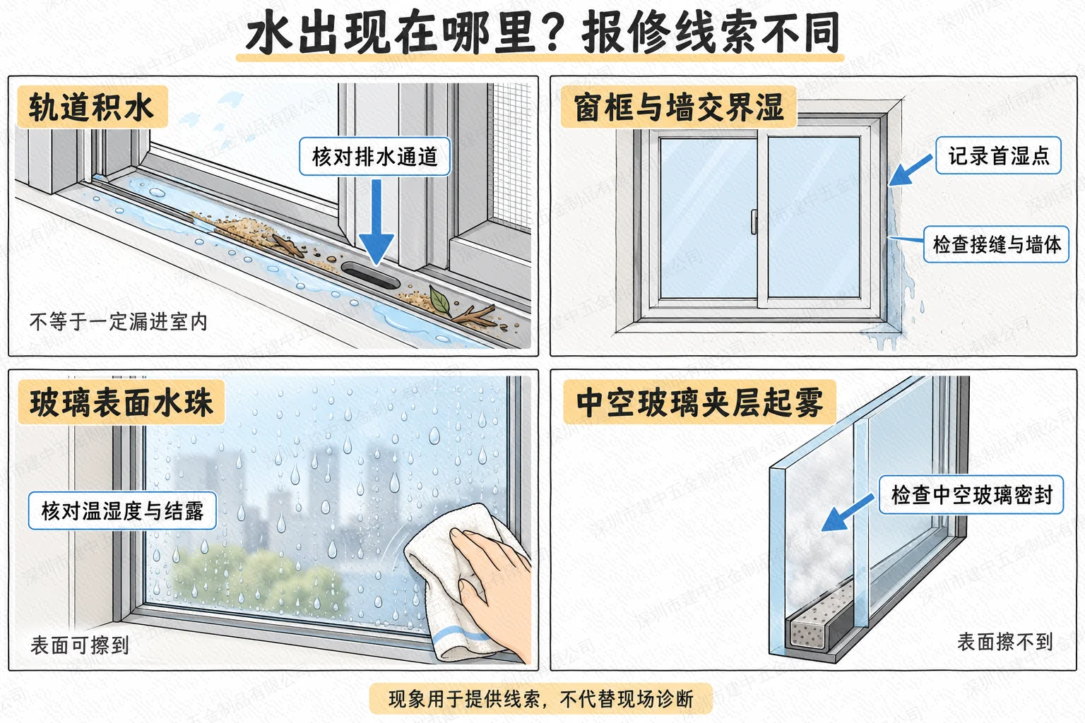 轨道积水、框墙交界湿痕、玻璃表面结露与中空夹层起雾四种报修线索示意图