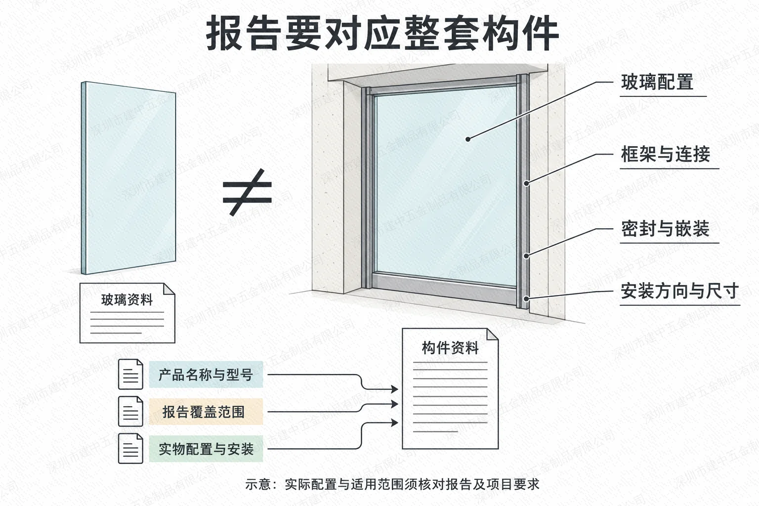 玻璃资料与整套镶玻璃构件资料的对应关系,标出玻璃配置、框架连接、密封嵌装和安装方向尺寸