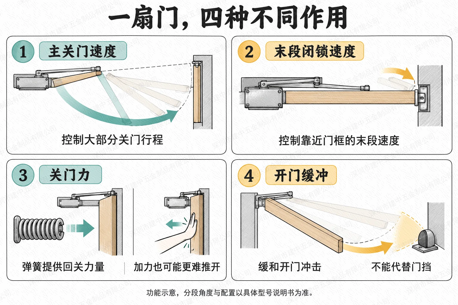 闭门器主关门速度、末段闭锁速度、弹簧关门力与开门缓冲的功能比较原理图