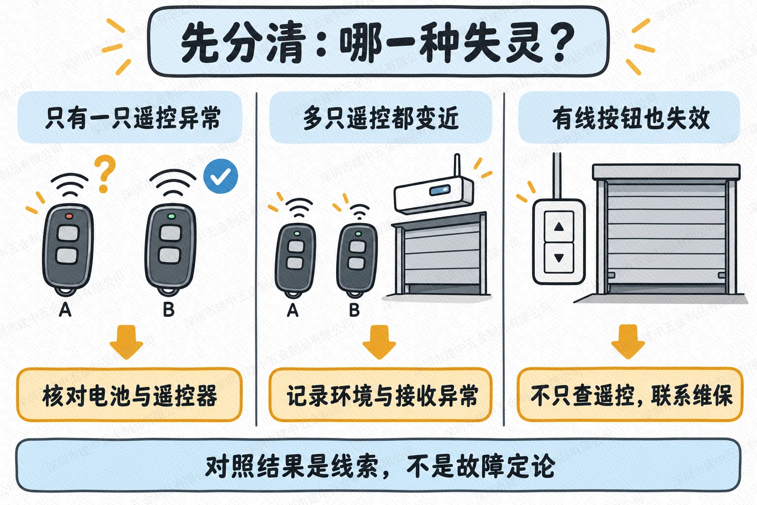 单只遥控异常、多只遥控距离缩短和有线按钮失效的排查方向对照