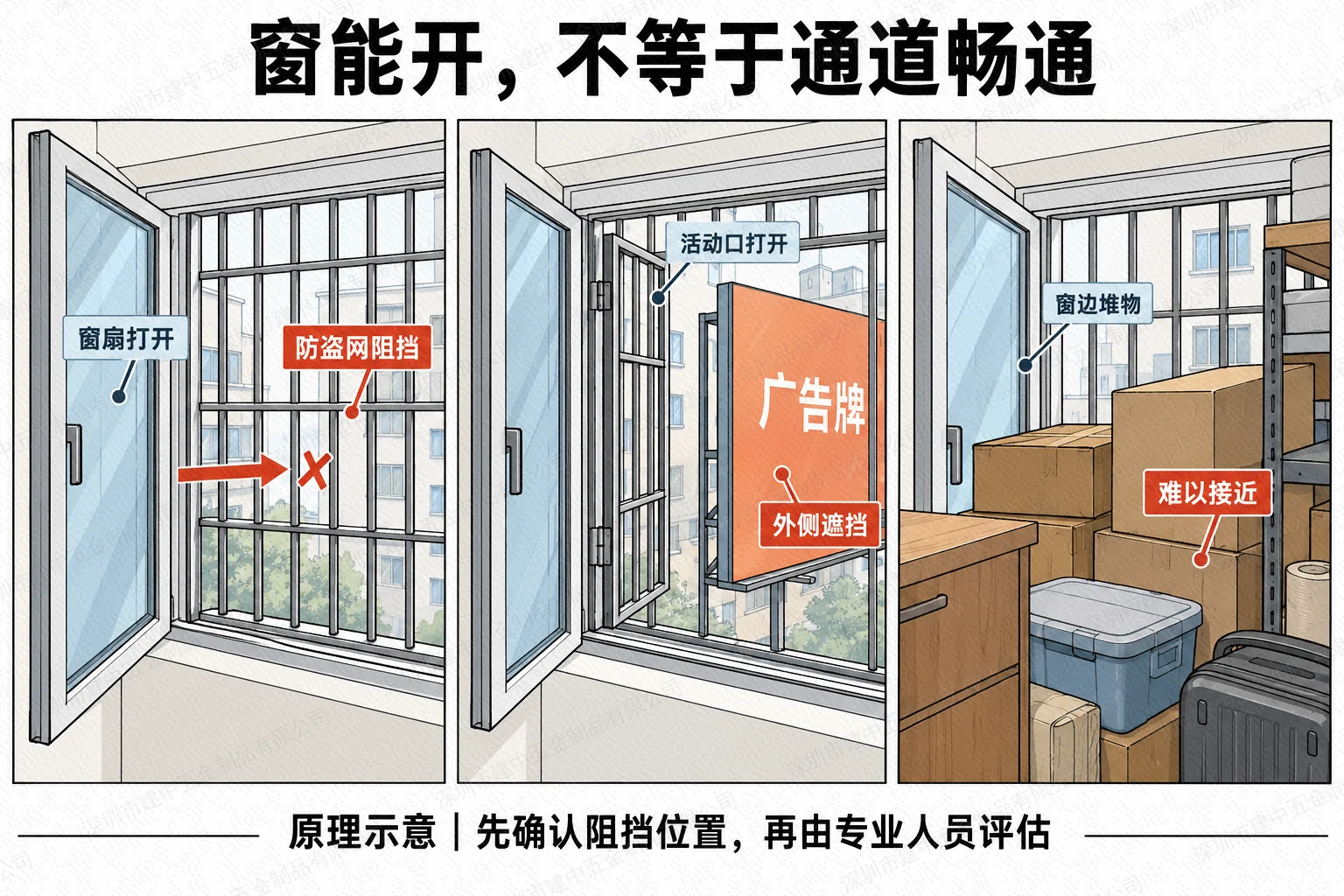 三个问题场景对照:窗扇打开但防盗网阻挡、活动口外侧广告牌遮挡、窗边堆物妨碍接近