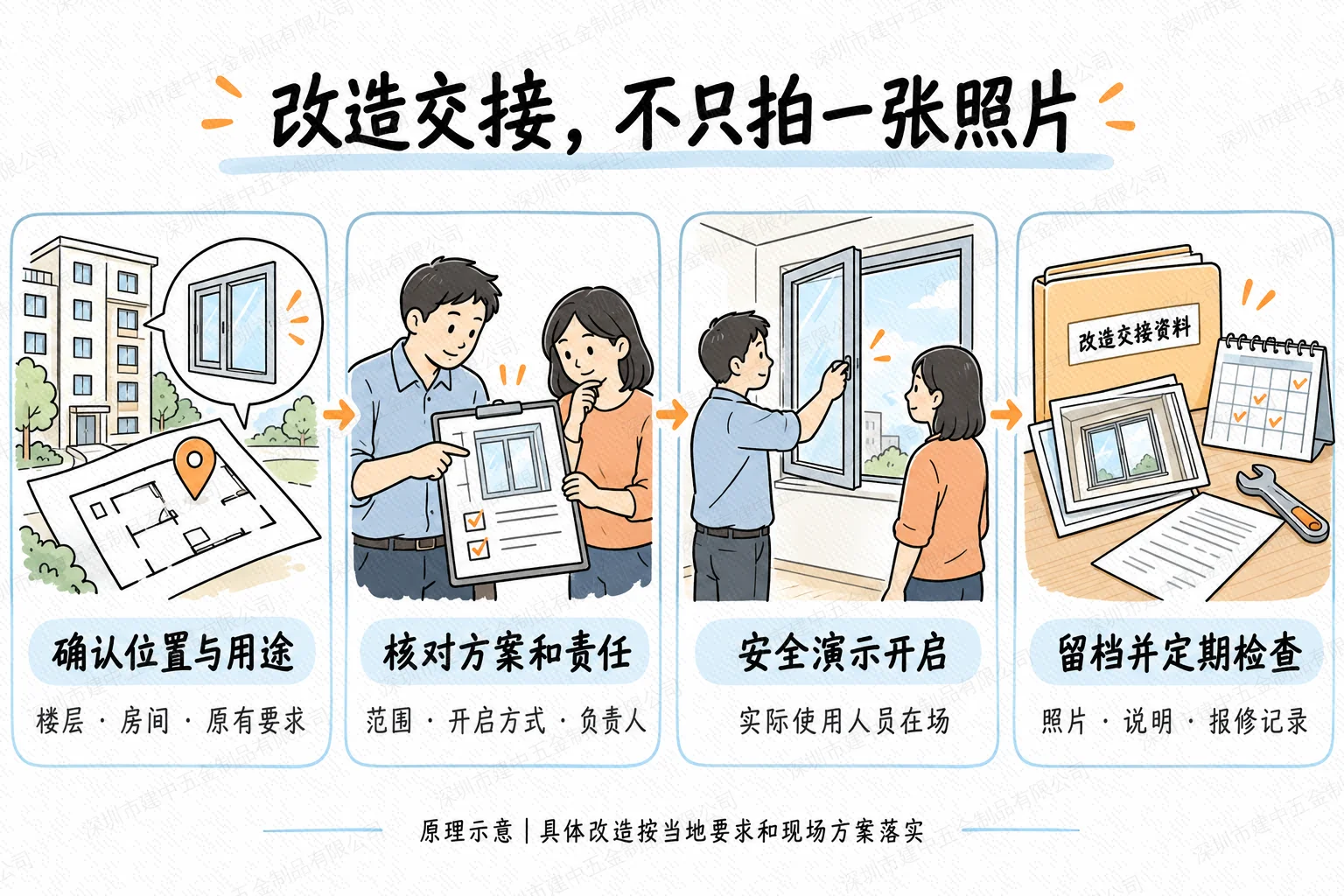 窗口改造交接四步骤示意:确认位置用途、核对方案责任、安全演示开启、留档并检查