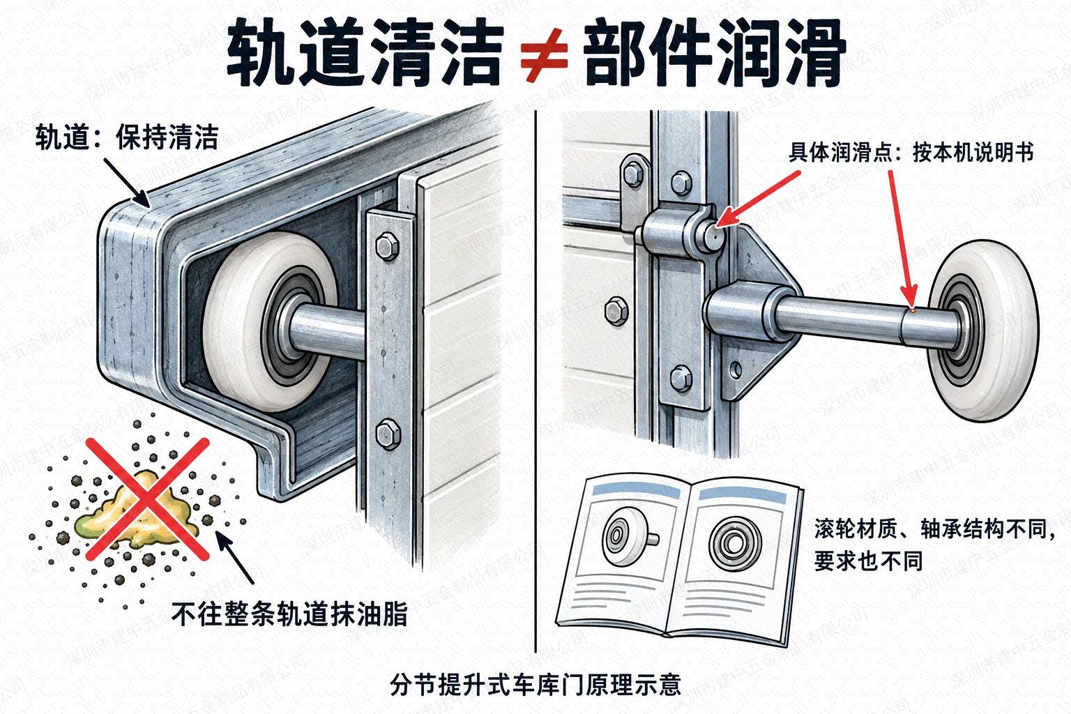 轨道清洁与部件润滑对照原理图，具体部位须按本机说明书核对