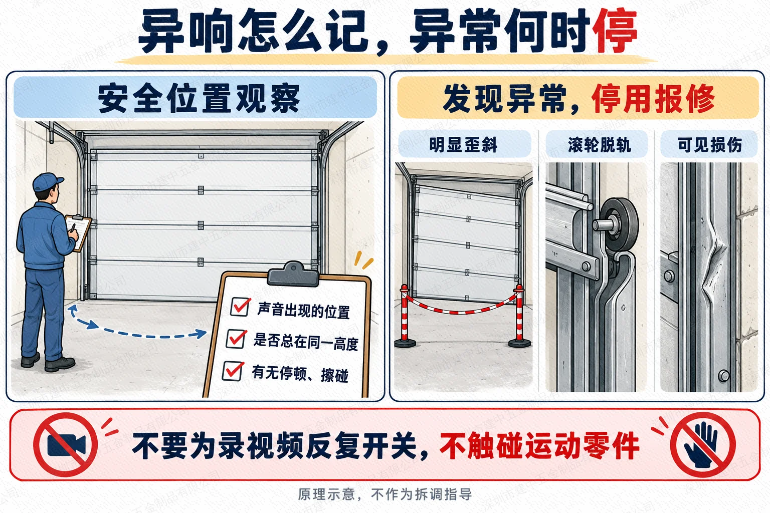 车库门异响观察记录及歪斜、滚轮脱轨、可见损伤时停用报修的示意图
