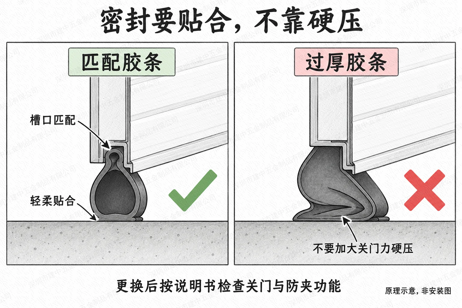 门底密封条截面原理对照:匹配胶条轻柔贴地,过大胶条受挤压折曲,提示不可加大关门力硬压并须检查安全保护