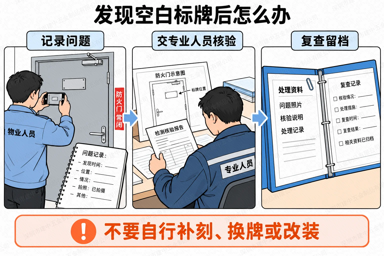 空白标牌问题处理流程示意:记录问题、交专业人员核验、复查留档;不要自行补刻换牌或改装