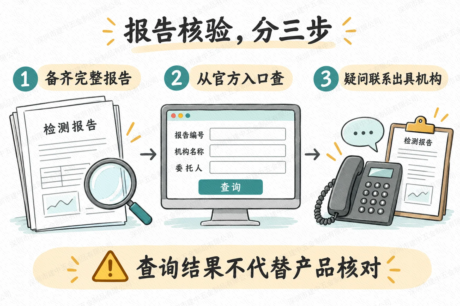 报告核验三步示意:备齐完整报告,从官方入口查询,疑问联系出具机构;查询结果不代替产品核对