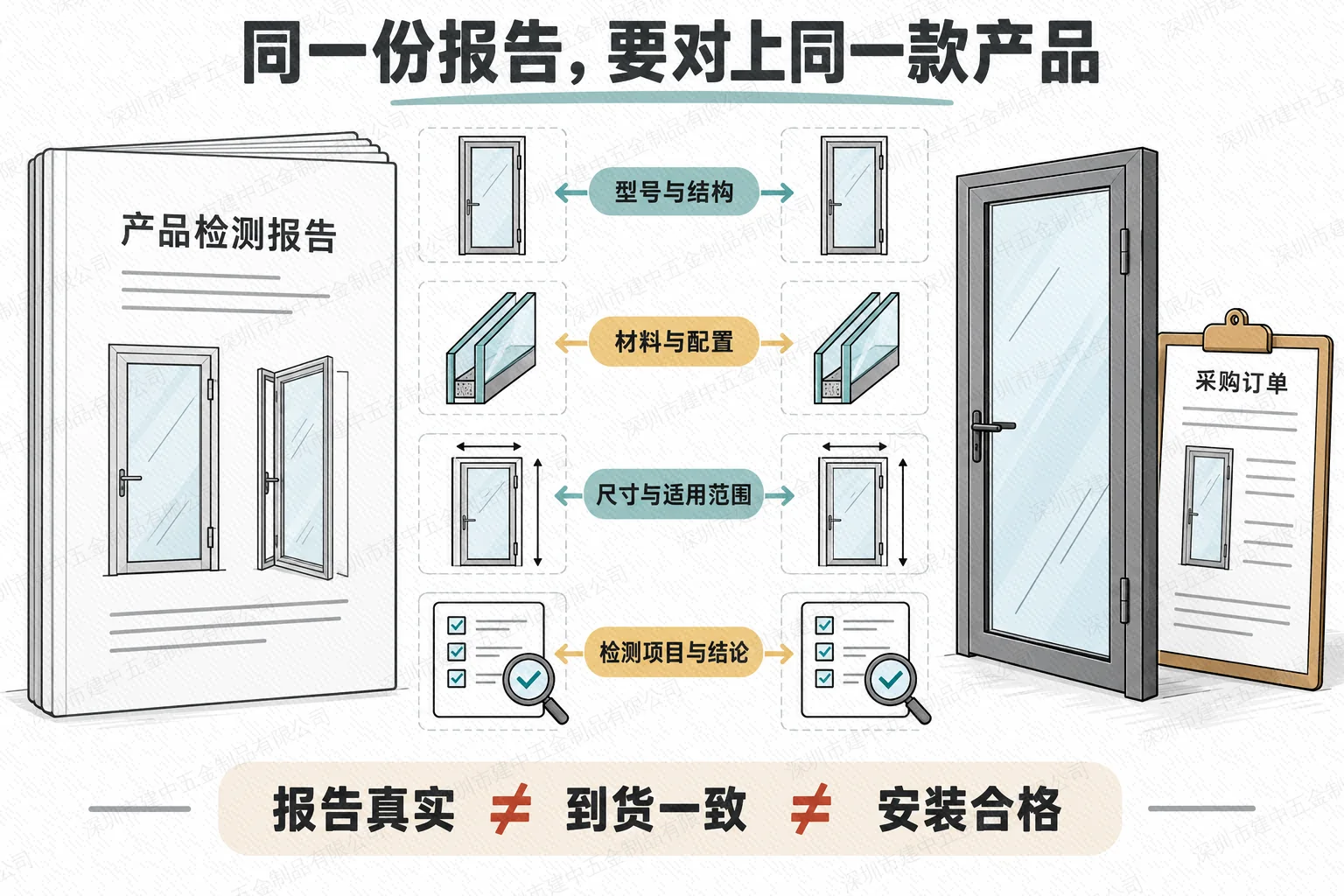 检测报告与采购产品对照示意:核对型号结构、材料配置、尺寸适用范围及检测项目,报告真实不等于到货一致或安装合格