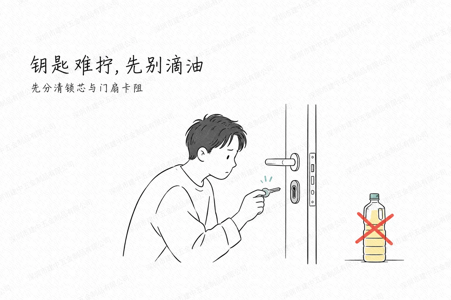 钥匙越来越难拧,往门锁里滴油就行吗?先分清锁芯与门扇卡阻