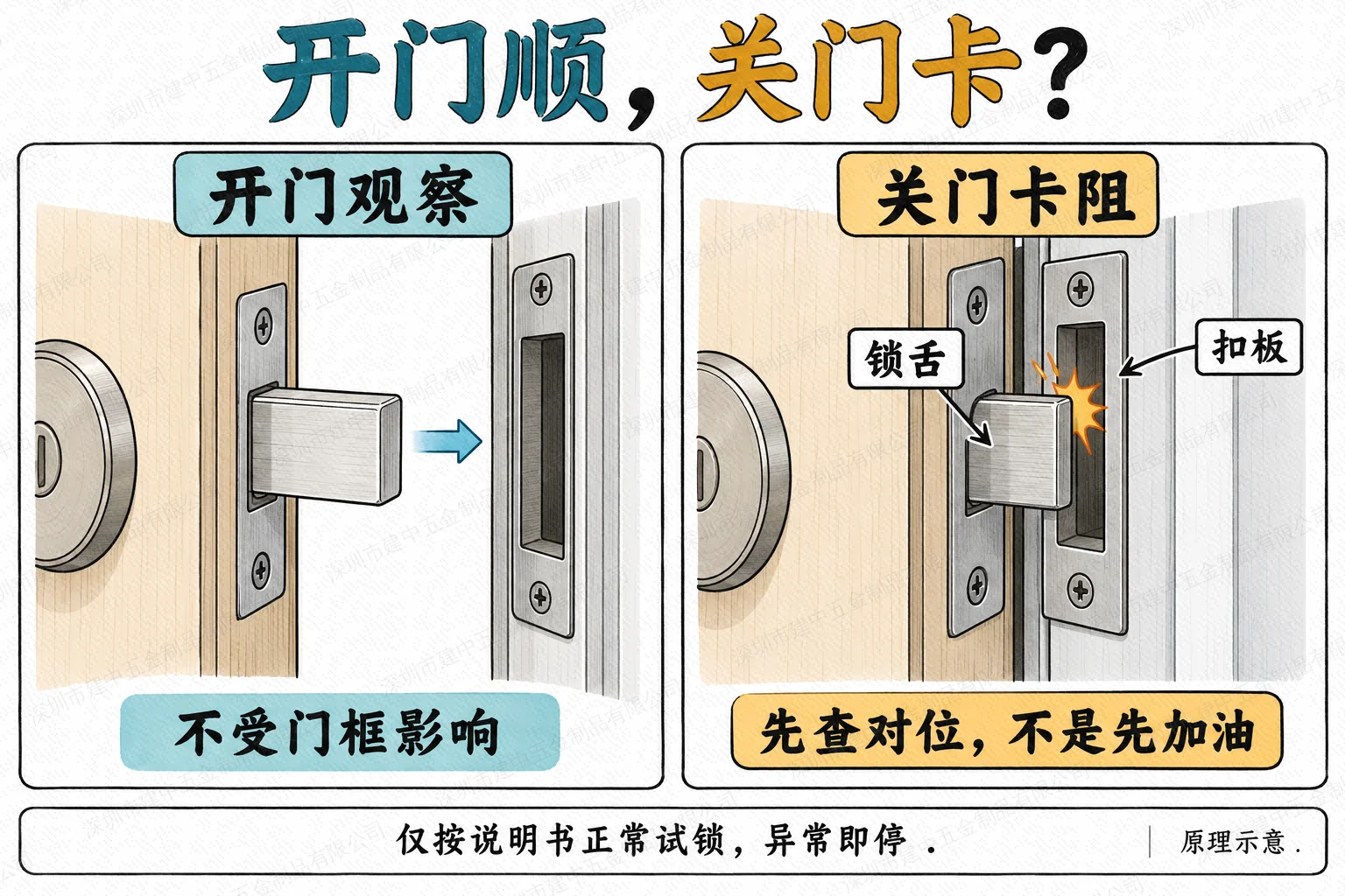 普通机械门锁原理示意:开门时锁舌可伸入空隙;关门时若与扣板位置不合,可能发生擦碰卡阻,应检查对位。