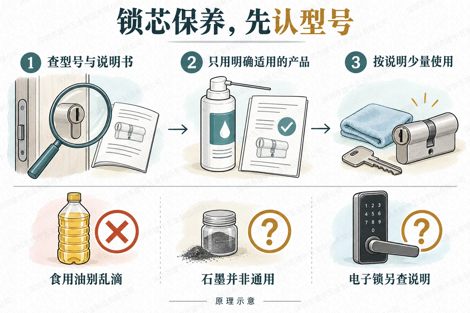 锁芯保养流程示意:核对型号和说明书,选择明确适用产品,按说明少量使用;食用油、石墨粉及电子锁维护不能随意套用。