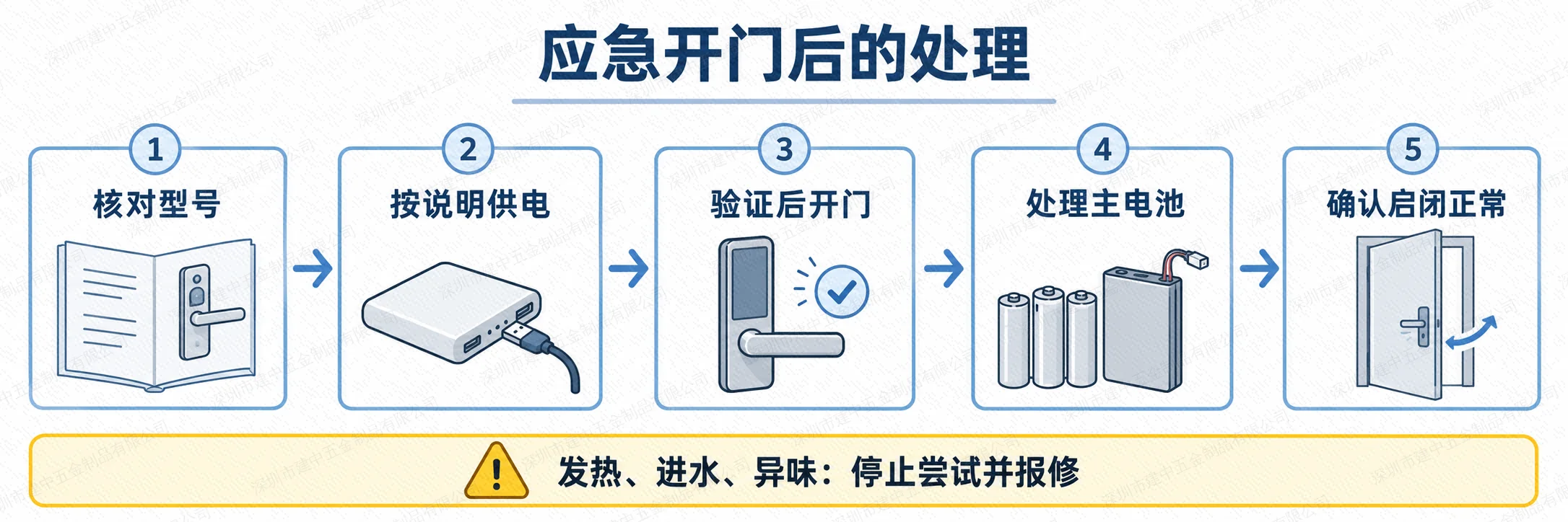 核对型号和电源要求、正常验证开门、处理主电池及确认启闭的应急处置流程