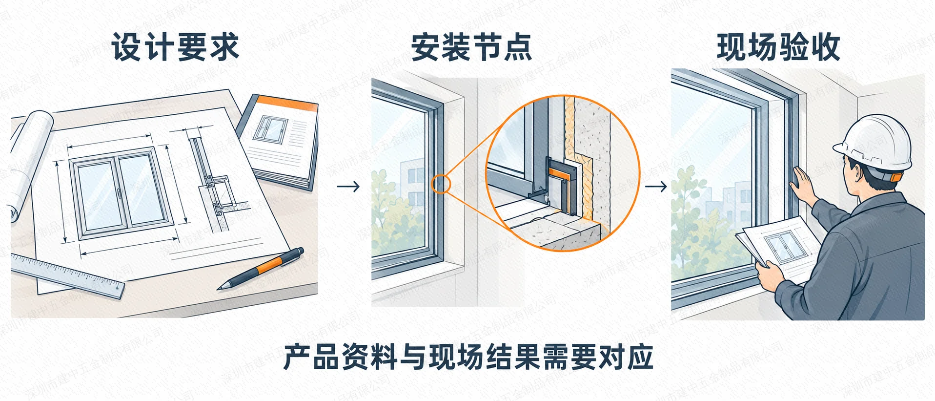 设计要求、安装节点与现场验收相互衔接的概念示意图,不作为施工图