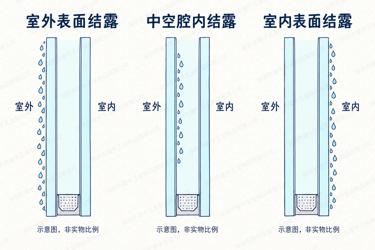室外表面、中空腔内及室内表面三处结露位置对比示意