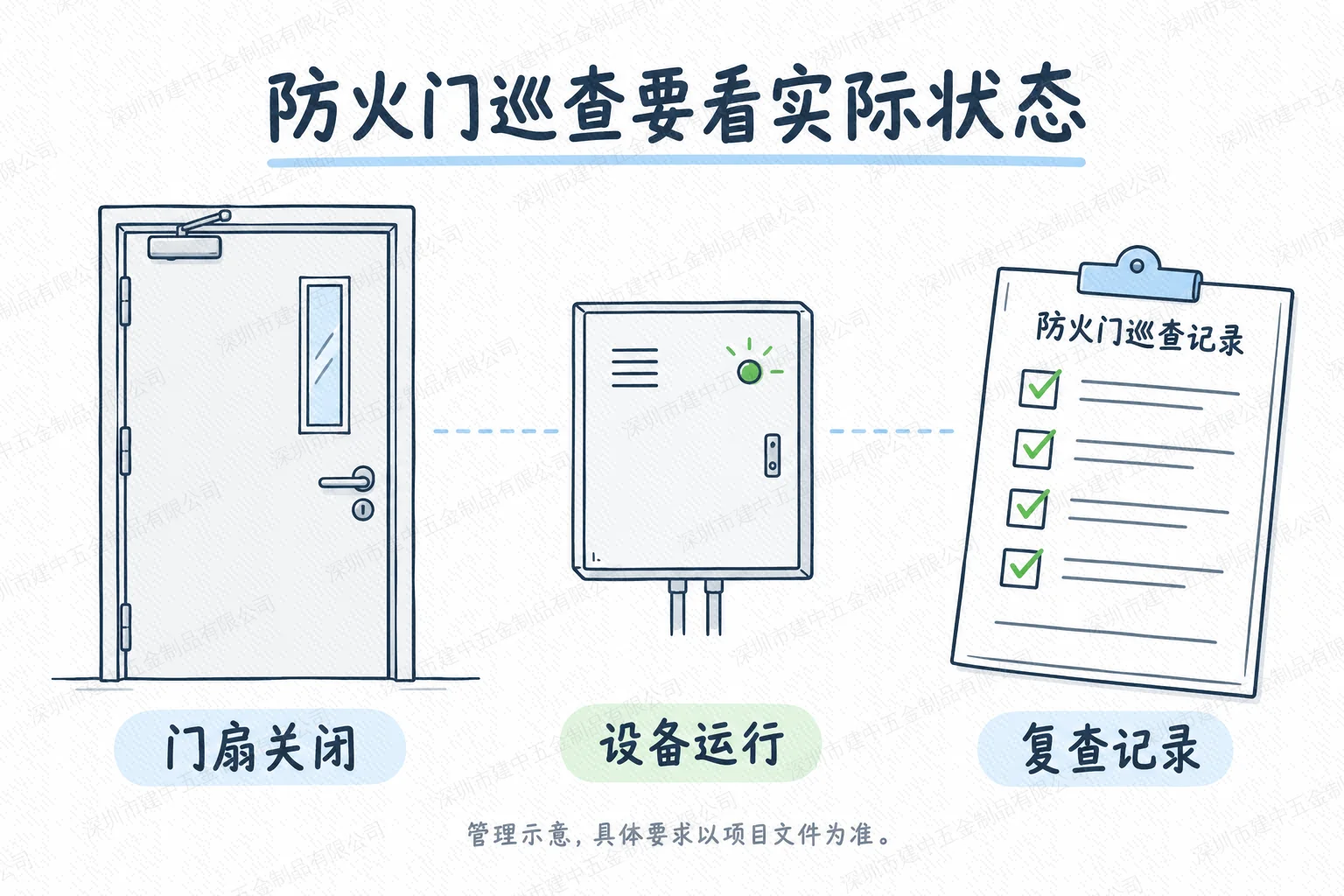 细线手绘解释图：防火门巡查关注门扇关闭、设备运行和复查记录