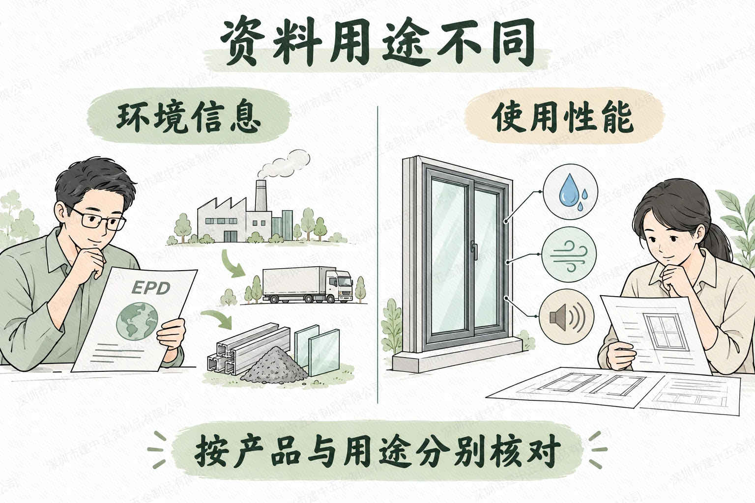 环境信息与门窗使用性能资料用途的对比示意