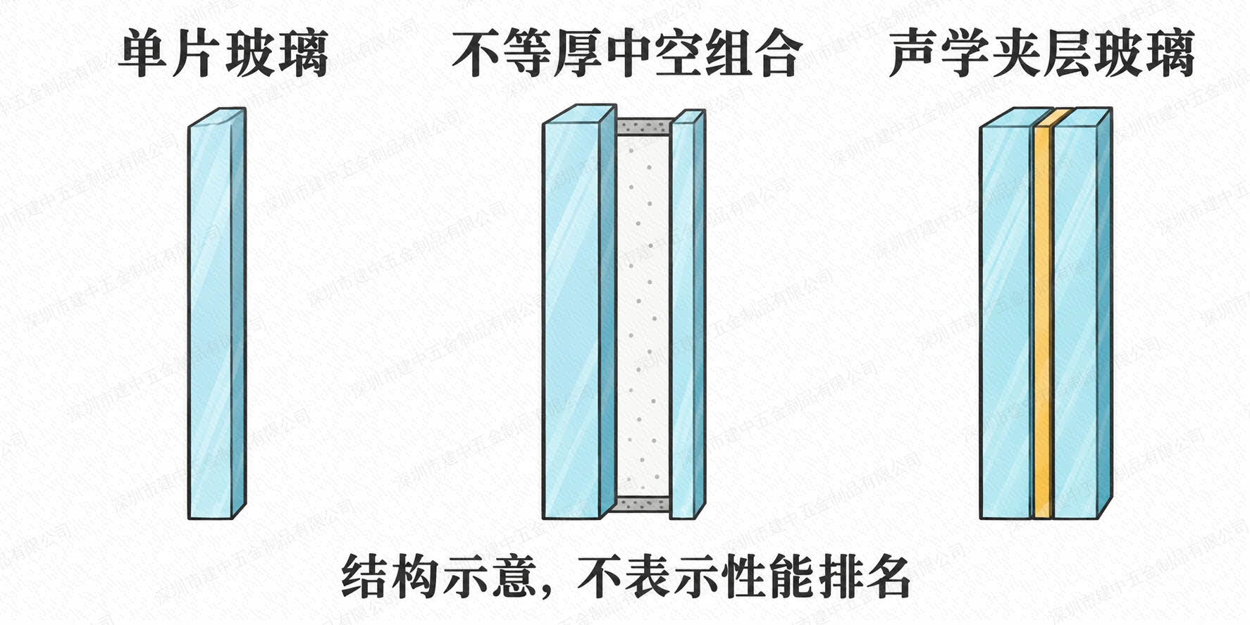 单片玻璃、不等厚中空组合与声学夹层玻璃结构示意