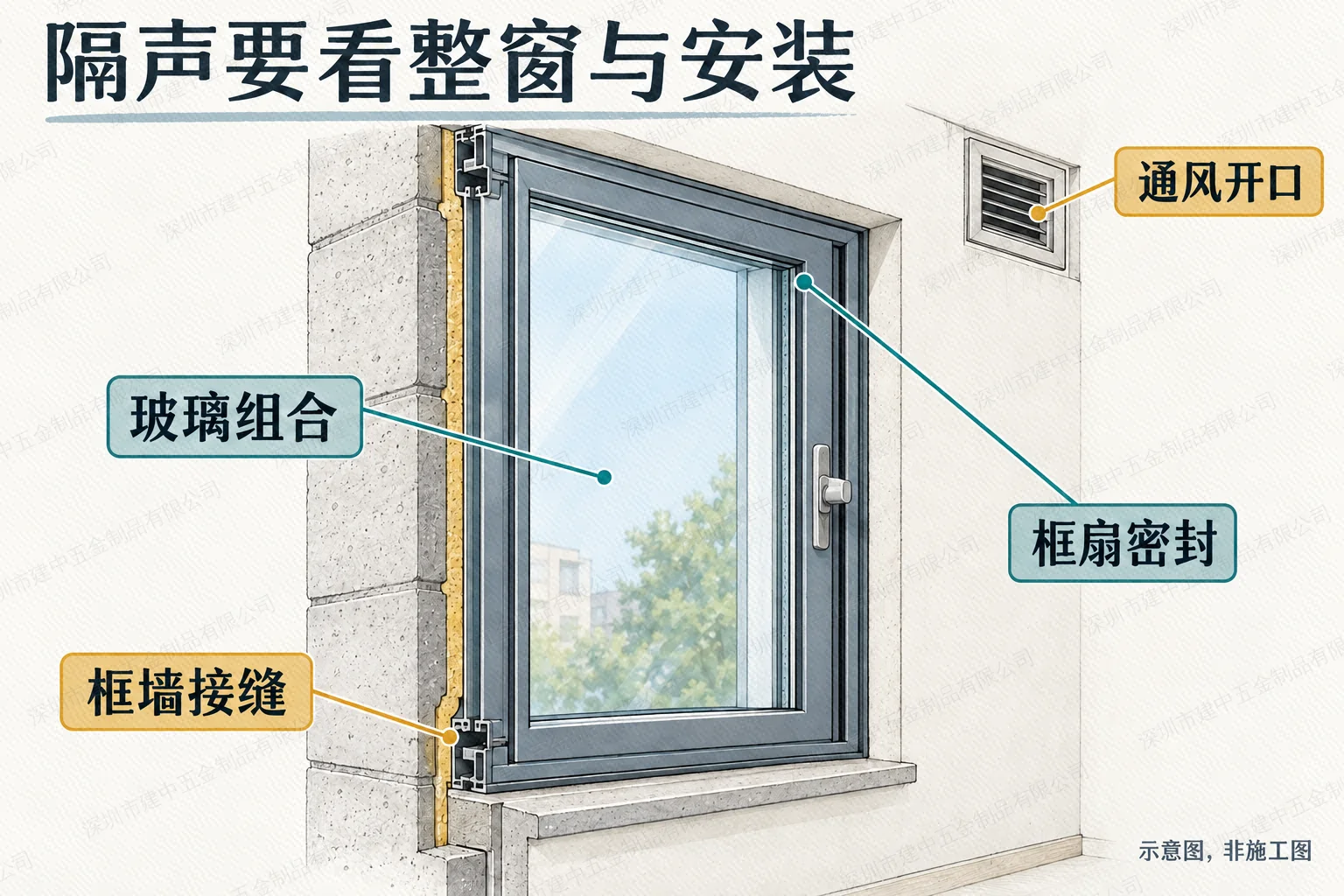 玻璃组合、框扇密封、框墙接缝和通风开口的检查位置示意
