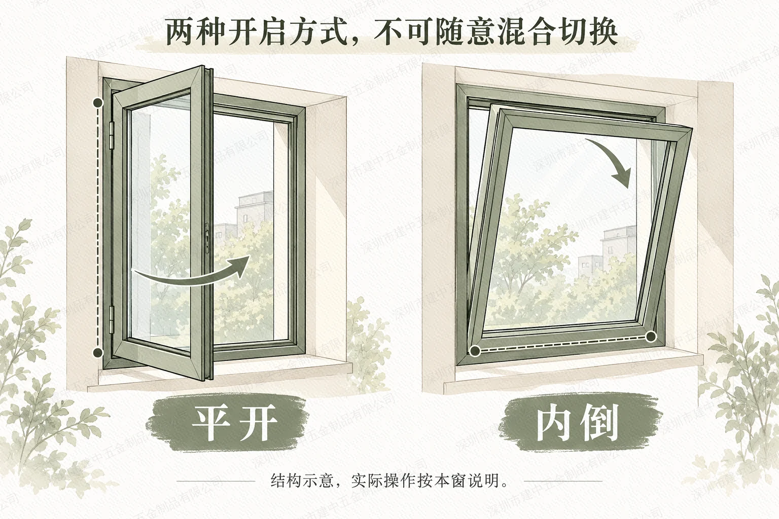 内开内倒窗平开与内倒两种运动轴的原创概念示意
