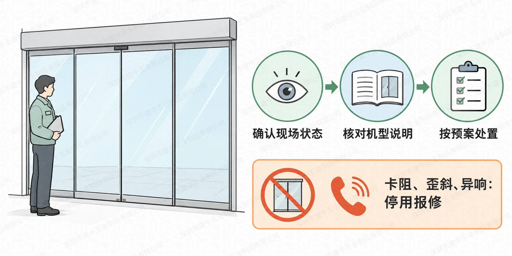 自动门停电依现场状态和机型预案处置，异常停用报修示意