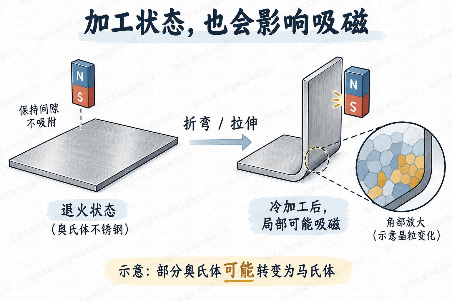 奥氏体不锈钢冷加工后局部可能吸磁的原理示意