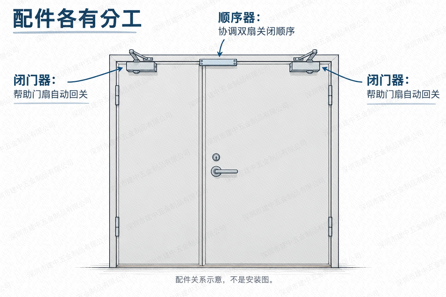 防火门闭门器与顺序器分工示意