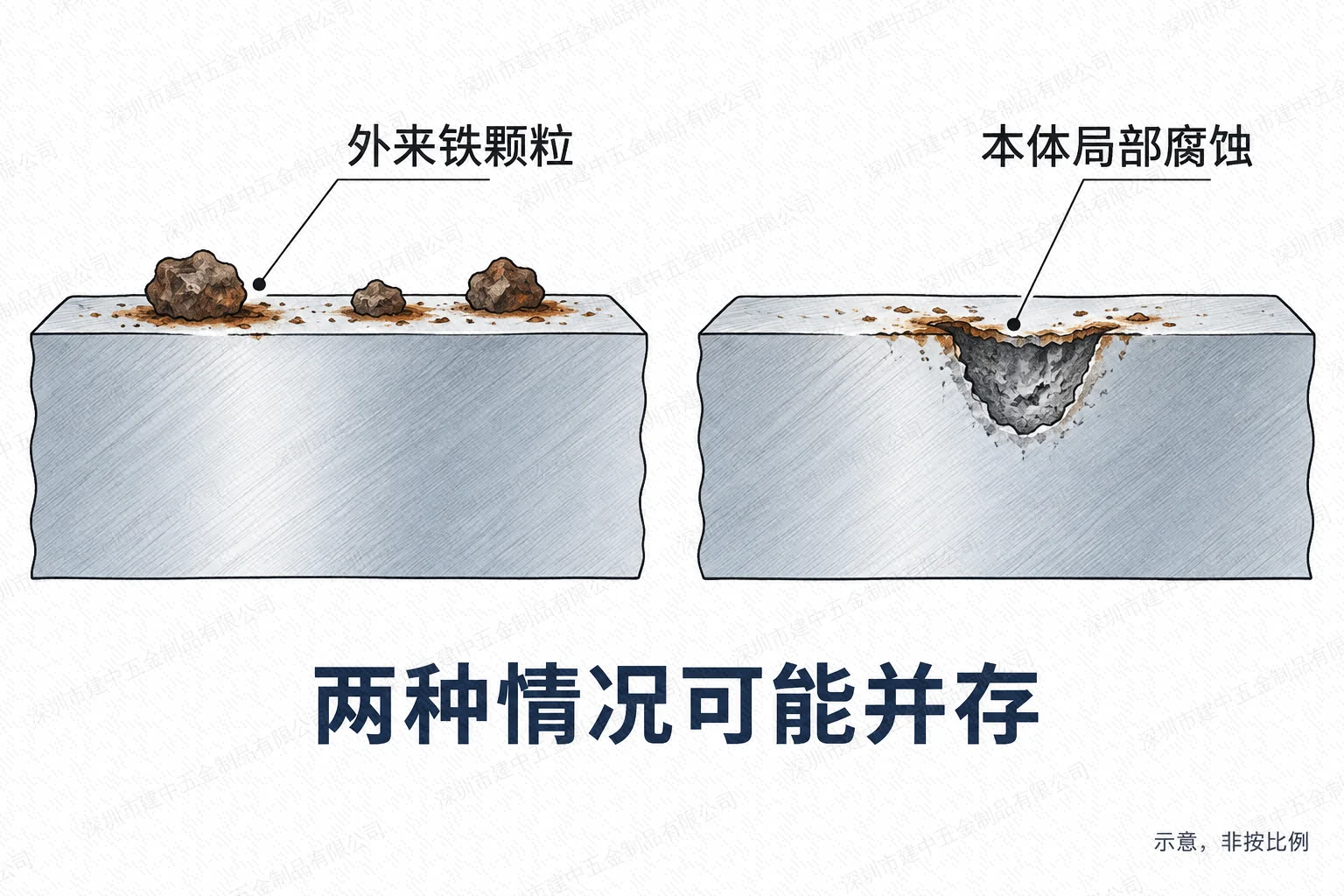 外来铁颗粒附着与不锈钢本体局部腐蚀可能并存的剖面示意