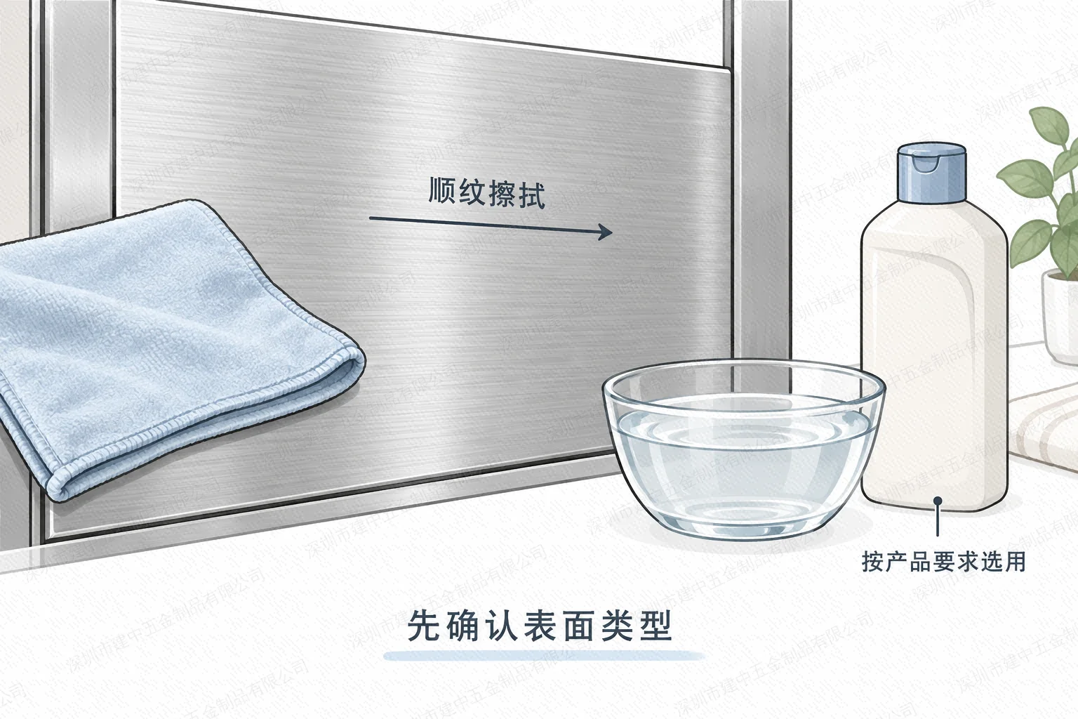 不锈钢门面使用软布、清水及适用温和清洁剂顺纹清洁示意