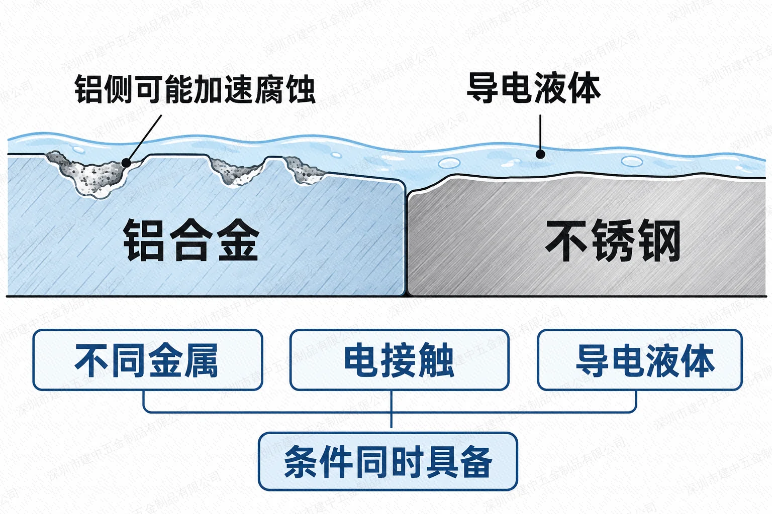 铝合金与不锈钢电接触且被导电液体同时润湿时的电偶腐蚀机理示意