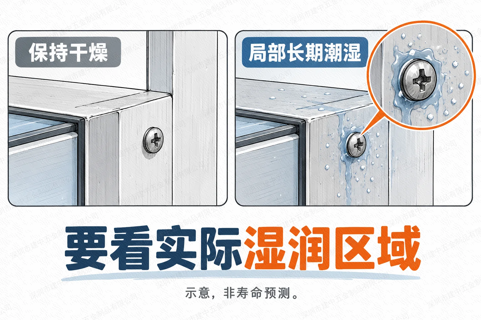 同一门框接头干燥与局部长期潮湿的对比,实际湿润面积不能用整门面积替代