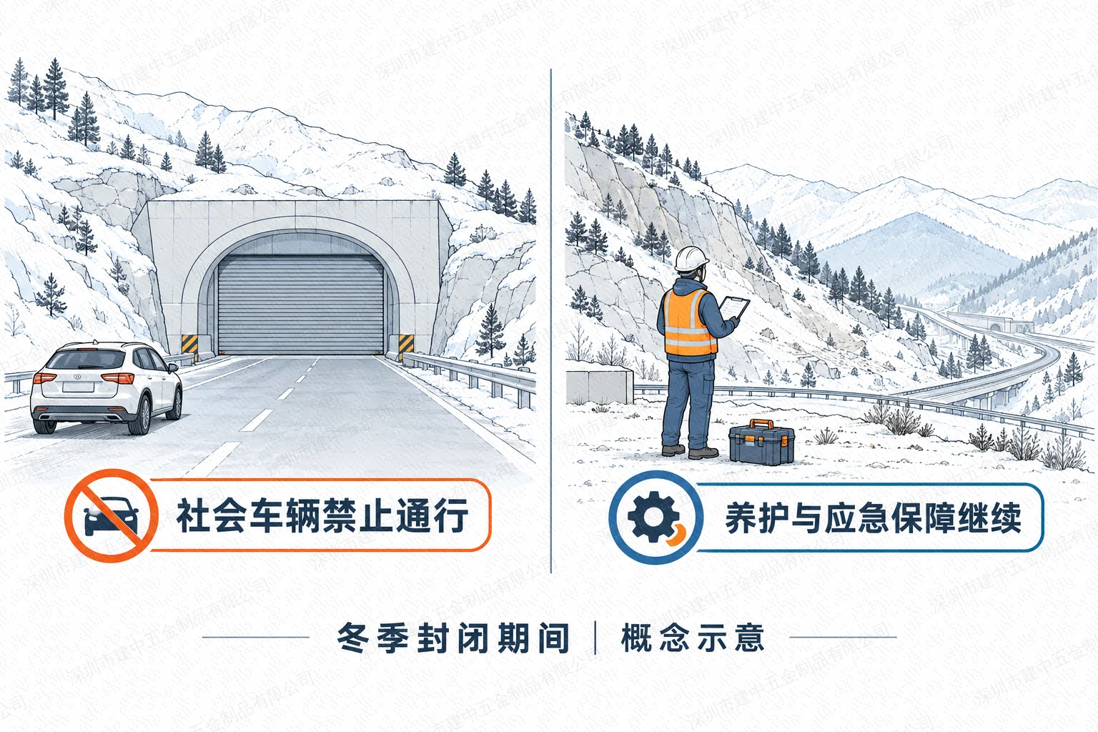 冬季封闭期间社会车辆停止通行而养护应急保障继续的概念对比,非现场实拍
