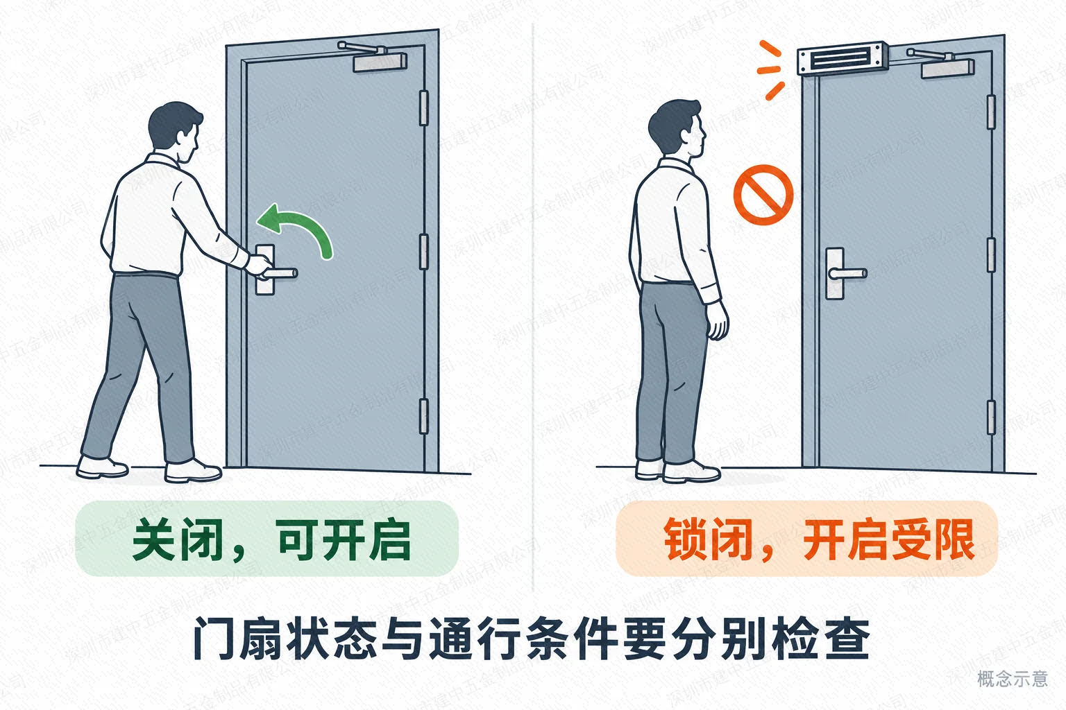 防火门关闭可开启与锁闭受限的状态对比