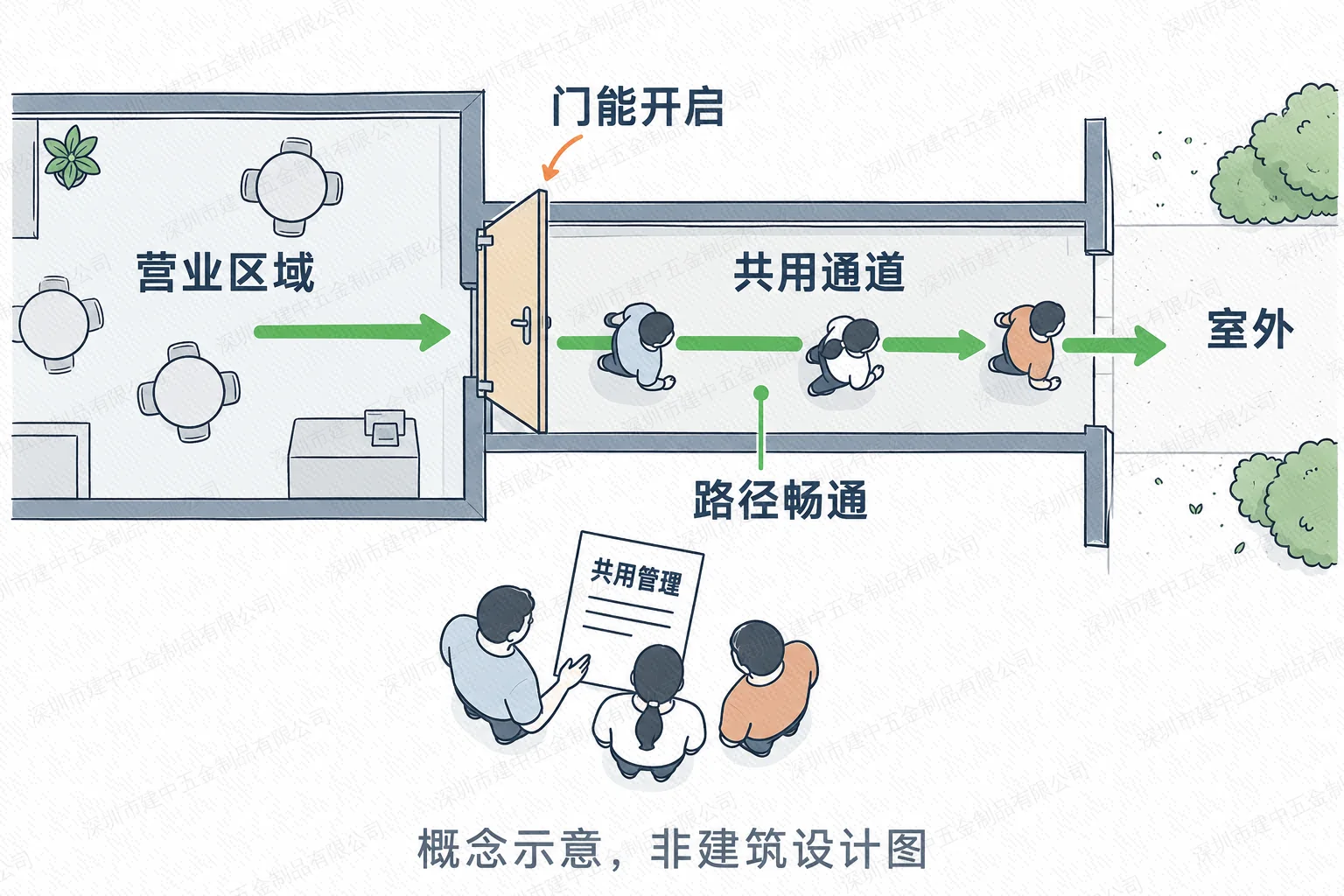 门开启、共用通道畅通及共同管理的关系示意