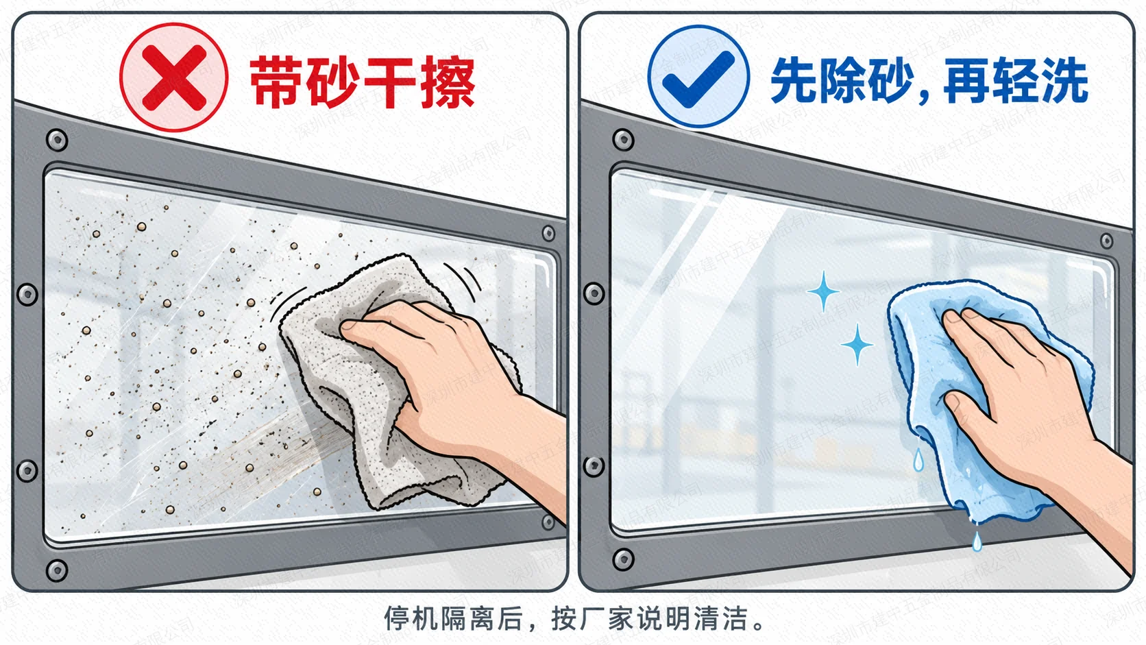 工业门PC板面带砂干擦与先除砂再轻洗的对比示意
