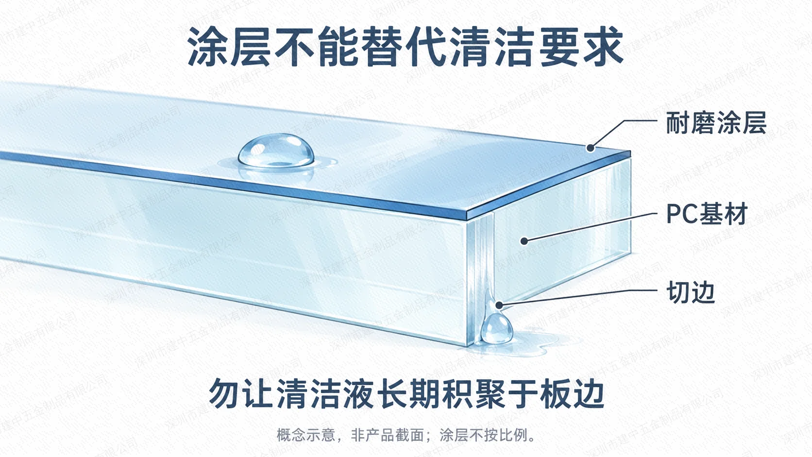 带耐磨涂层PC板面、基材与无同样涂层保护的切边概念示意