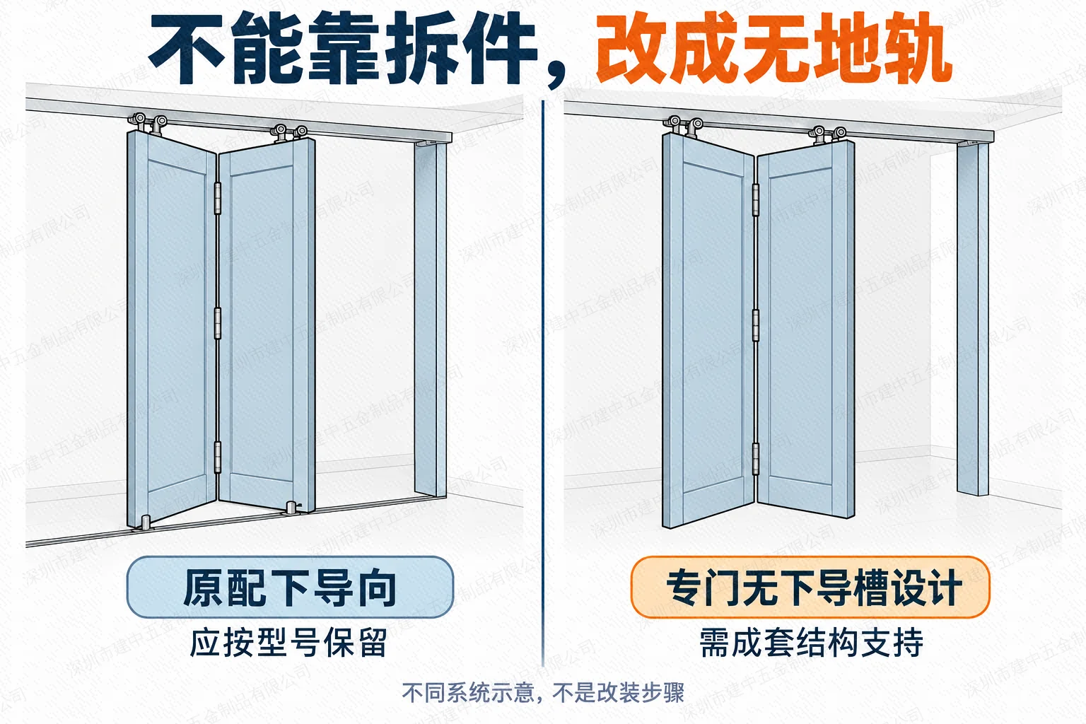 原配下导向与专门无下导槽折叠门系统的概念对比
