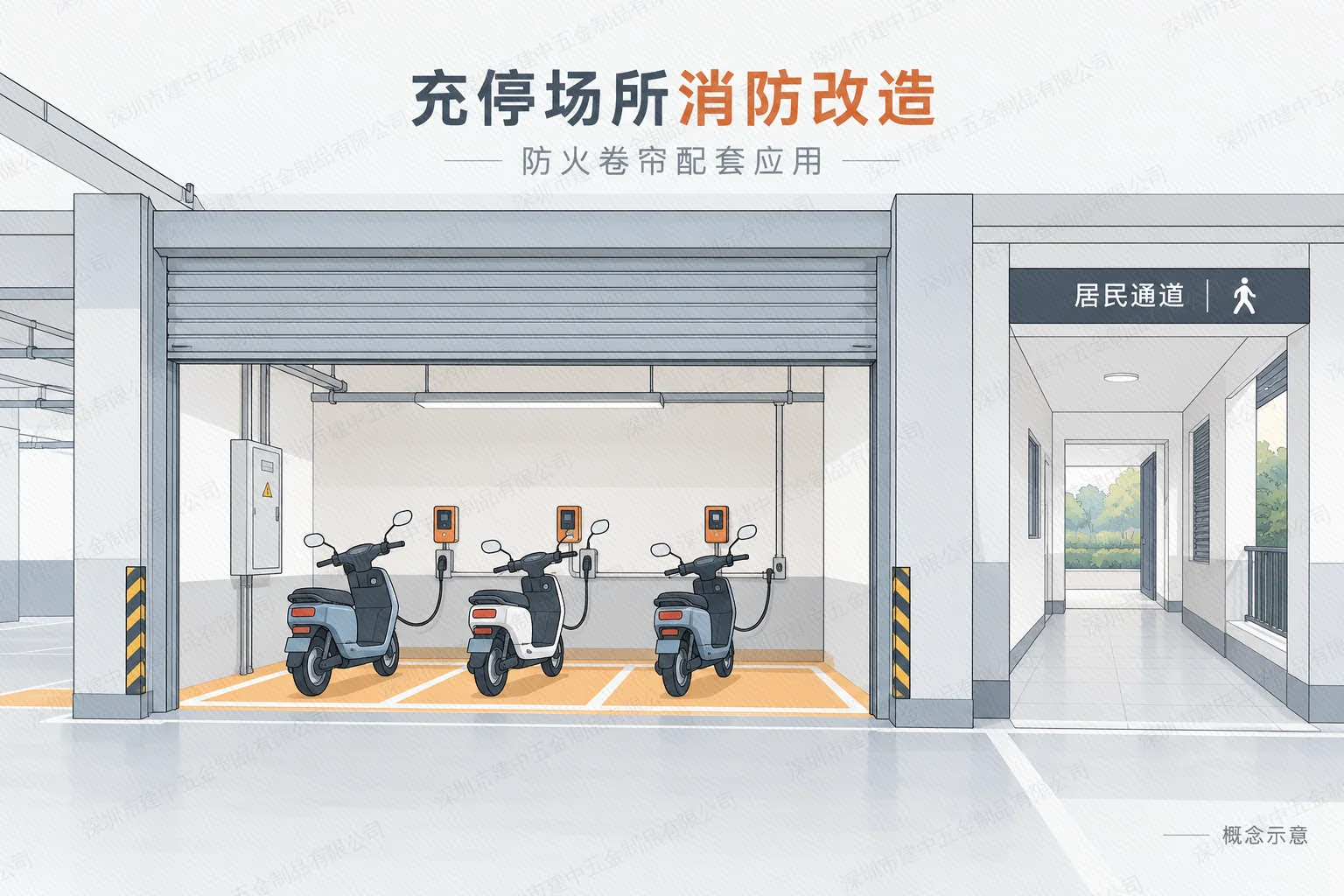 舟山普陀架空层充停场所改造基本完成,配套加装防火卷帘