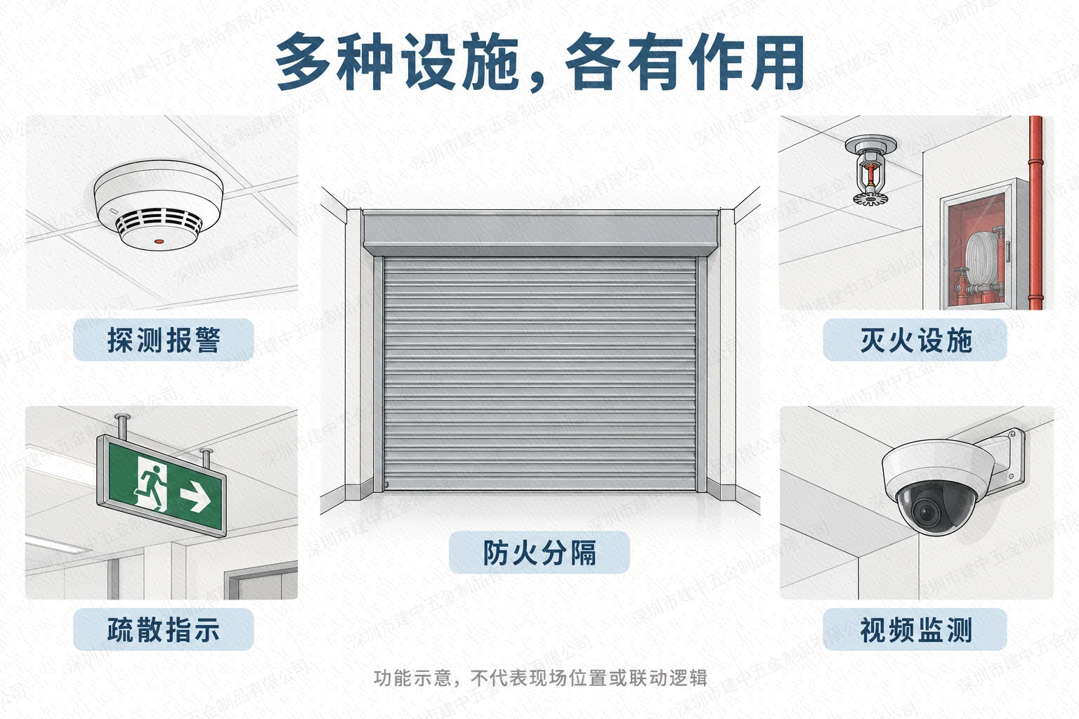 防火卷帘与报警灭火疏散指示监测设施的功能分工示意