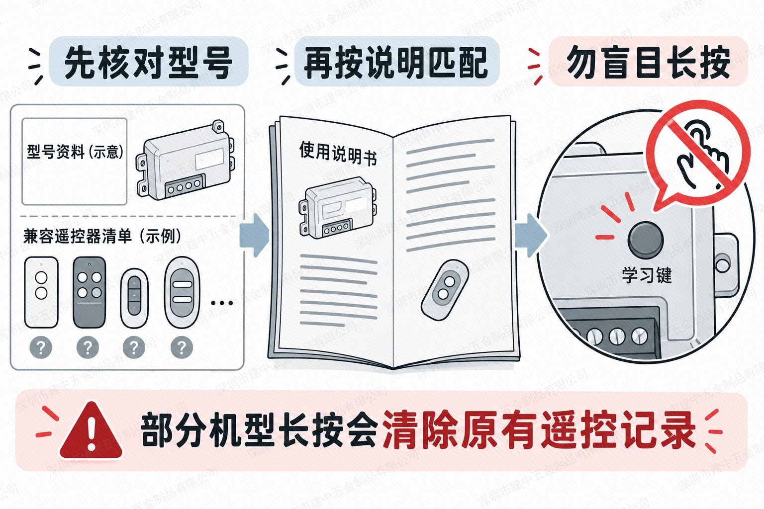 核对型号与说明书并避免盲目长按学习键