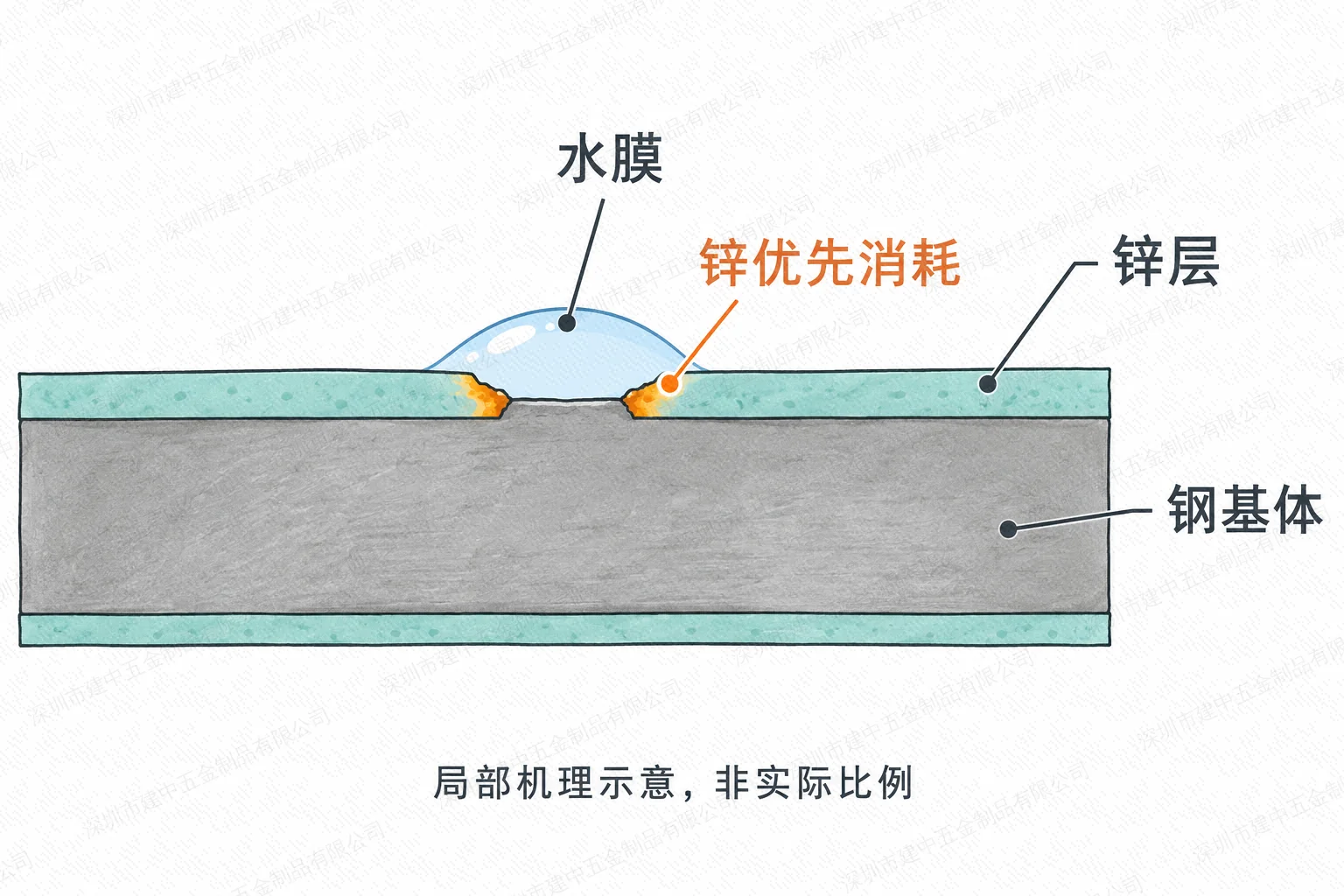 锌层局部缺口在水膜条件下提供牺牲性保护的机理示意