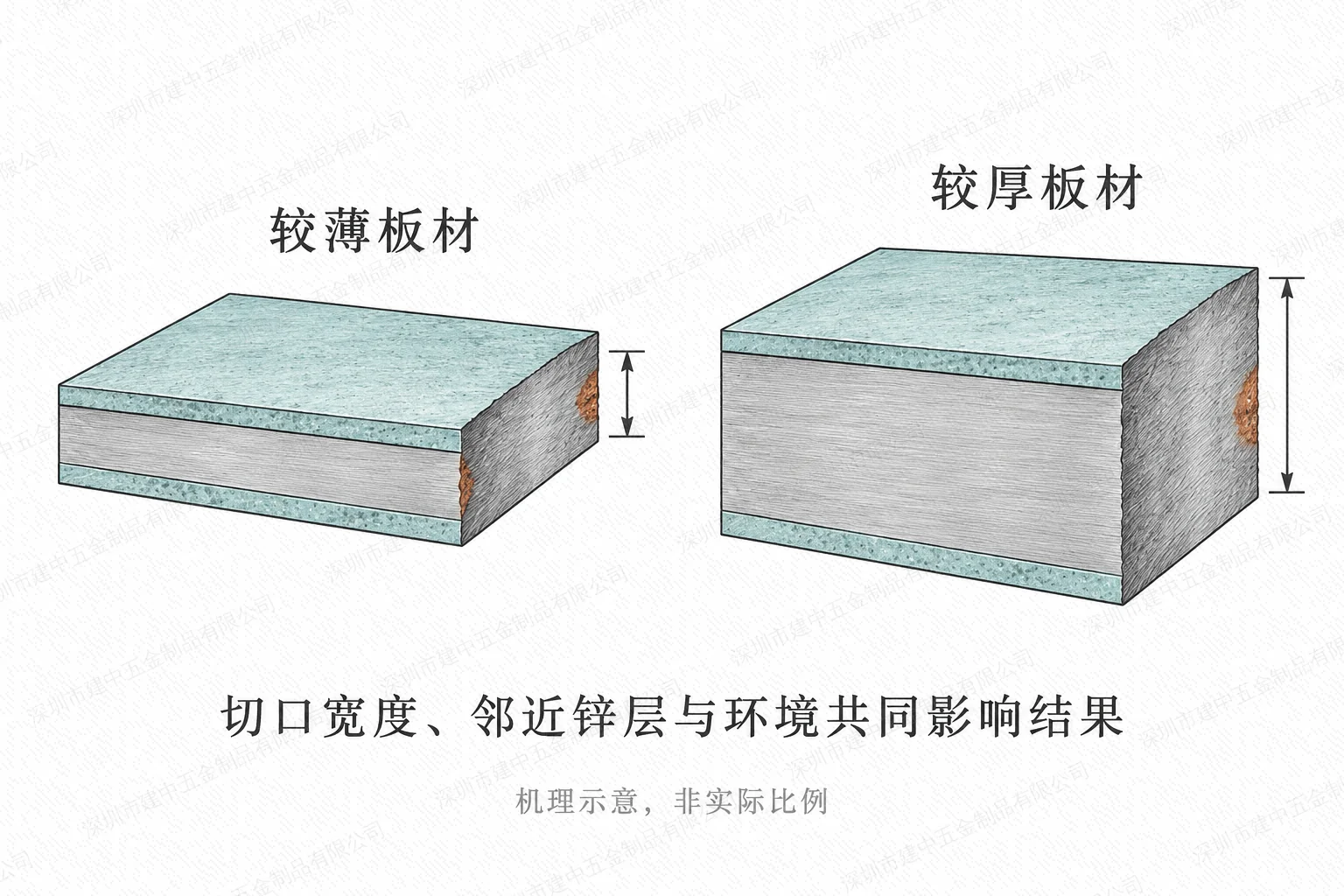 不同板材厚度造成裸露切边宽度差异,锈迹仅作概念示意而非试验结果