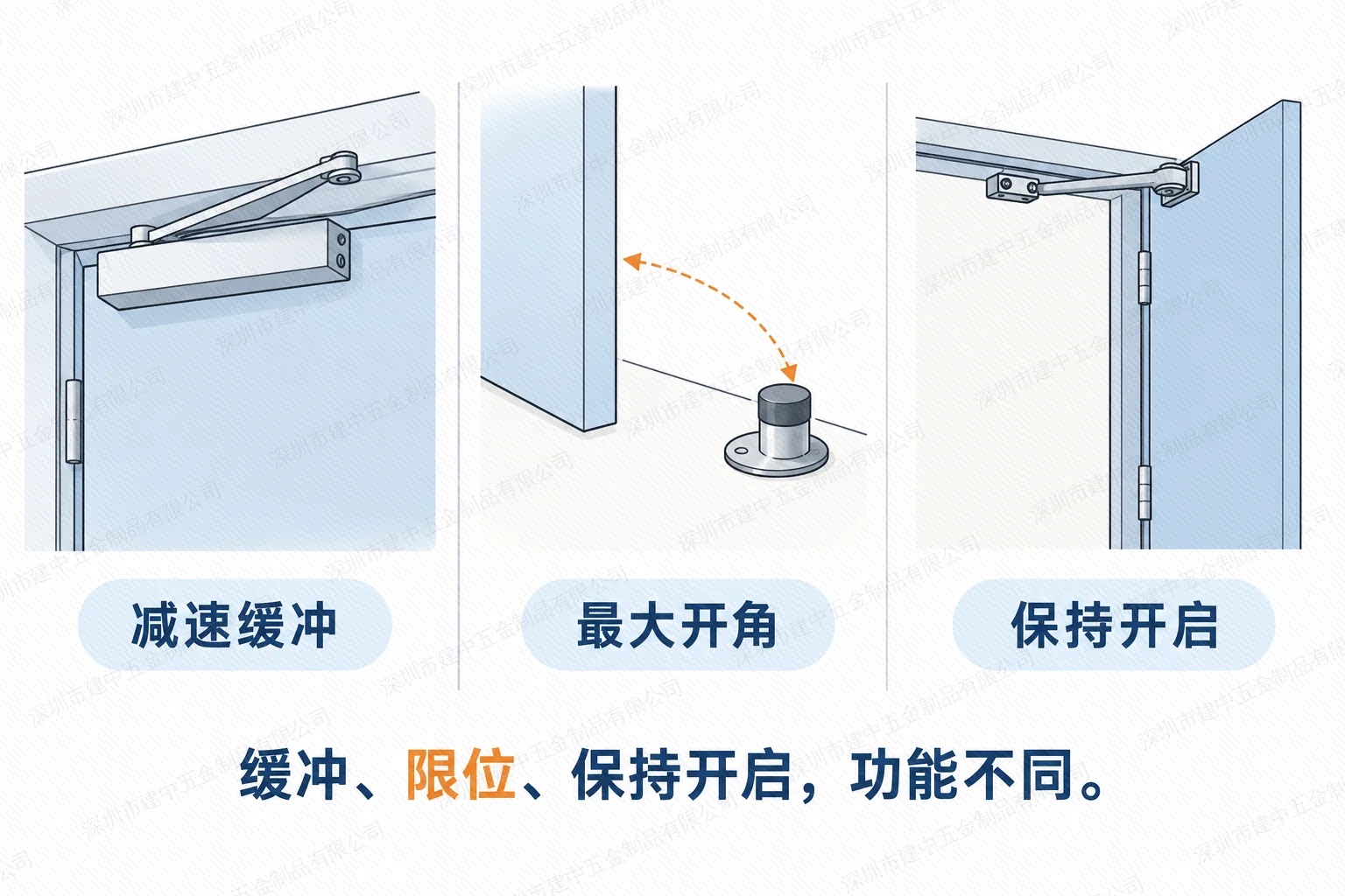 闭门器缓冲、门挡限位与保持开启部件的不同功能示意